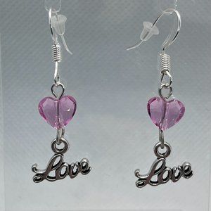 Valentines Dangle Earrings Silver LOVE Charm Pink Heart Glass Bead